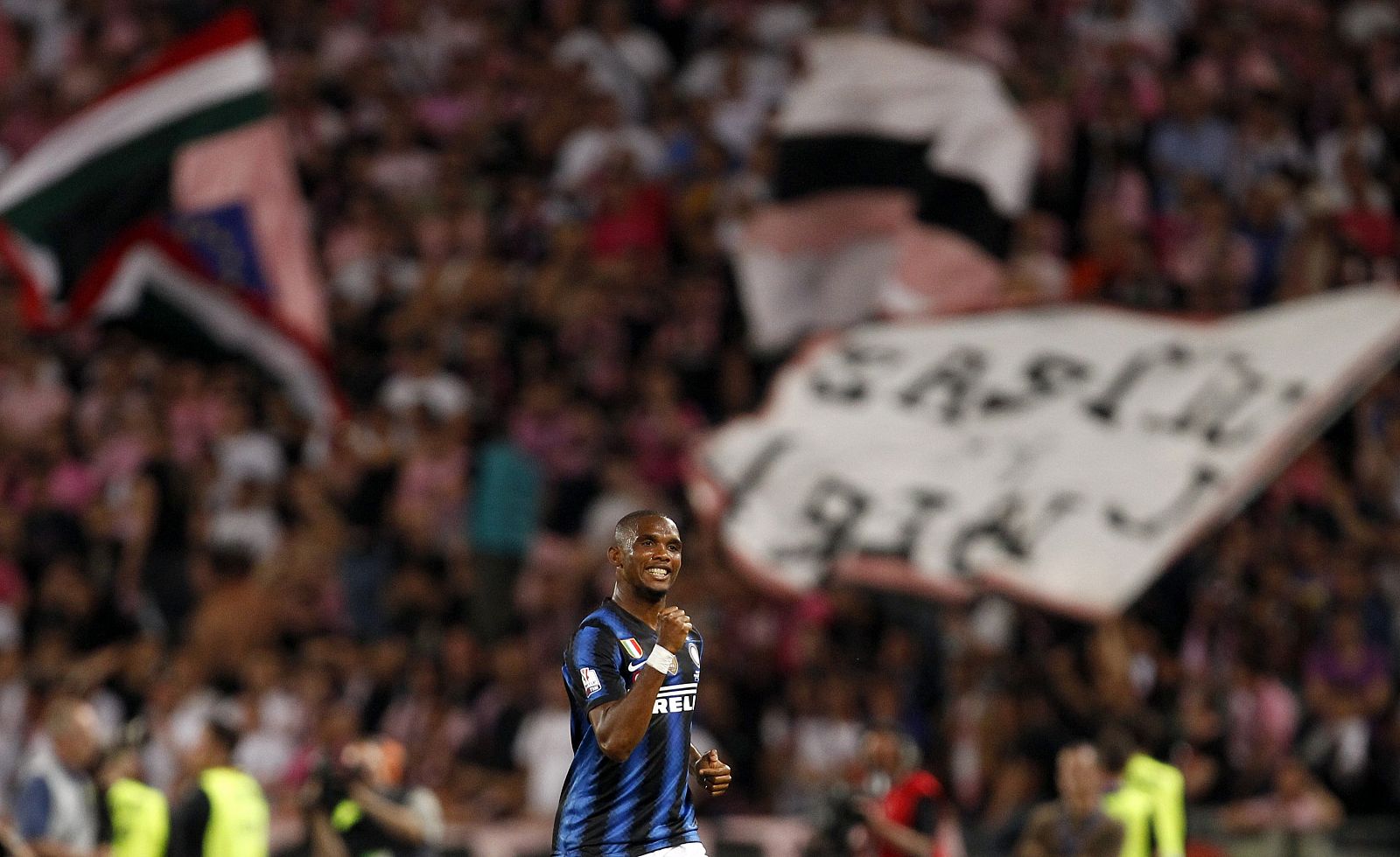Inter Milan's Samuel Eto'o celebrates after scoring against Palermo during their Italian Cup final soccer match in Rome
