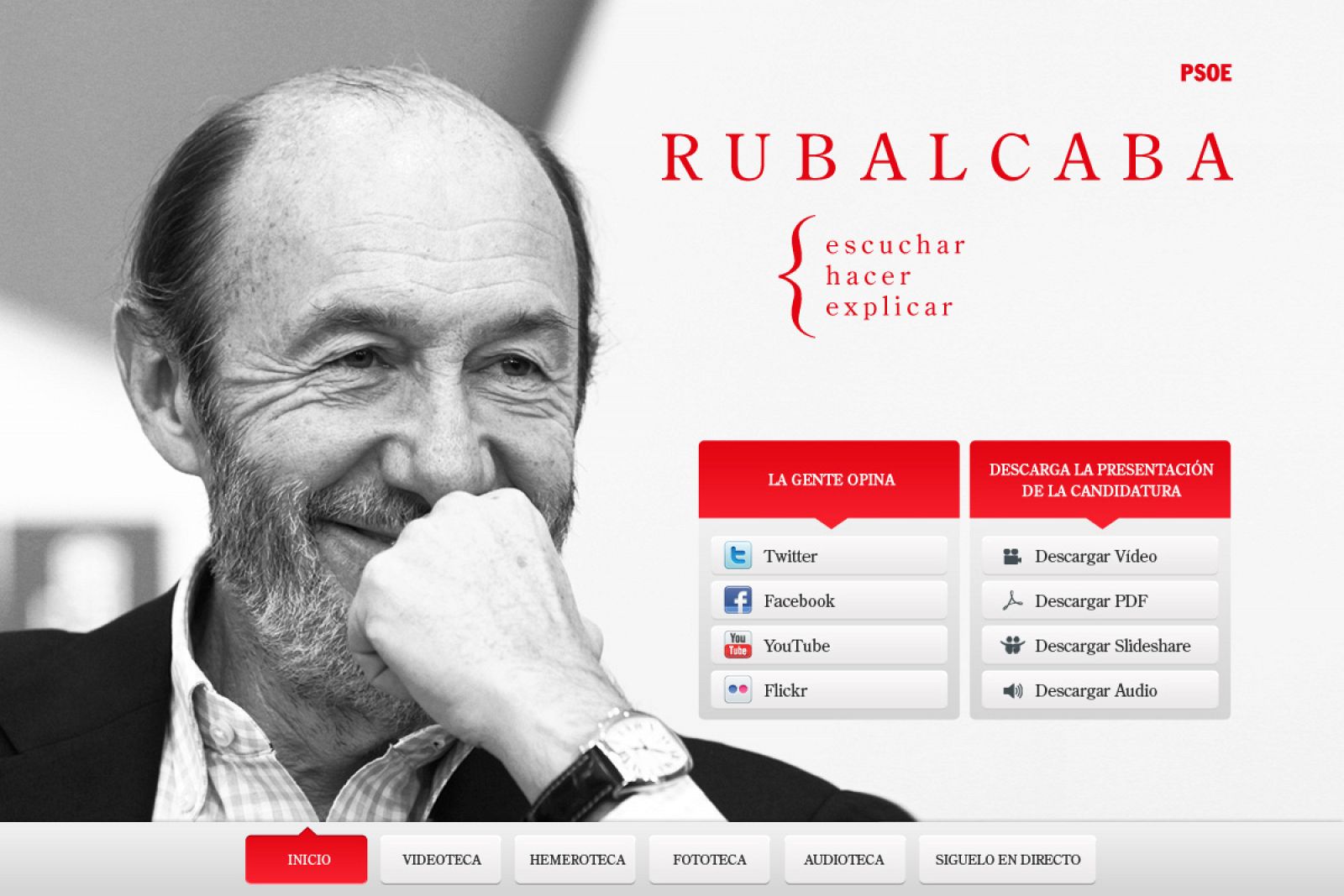 Imagen de la web sobre Alfredo pérez Rubalcaba que el PSOE prepara para su proclamación.