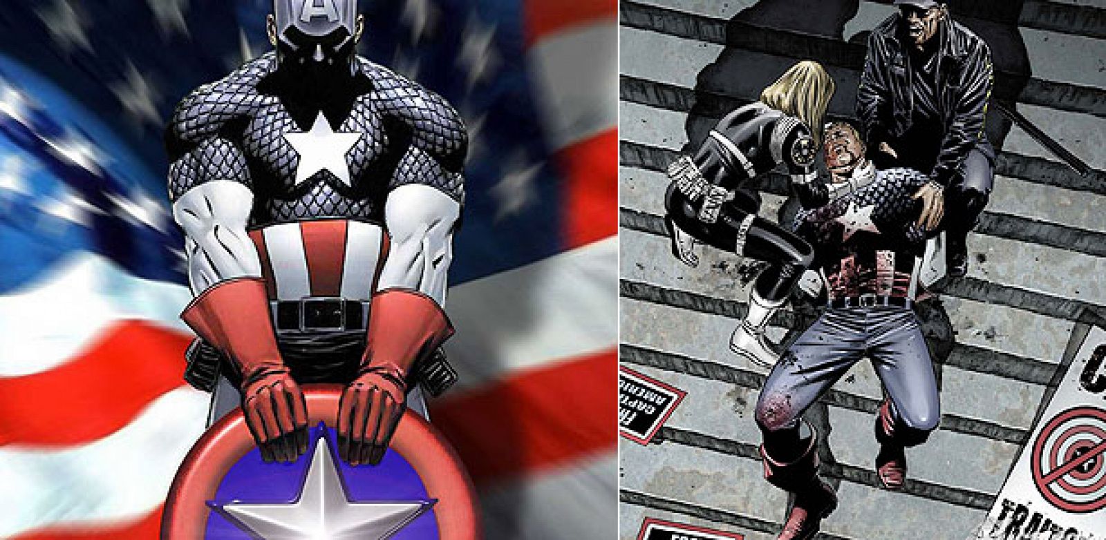 Ilustración icónica del Capitán América y la imagen de su muerte, que dió la vuelta al mundo