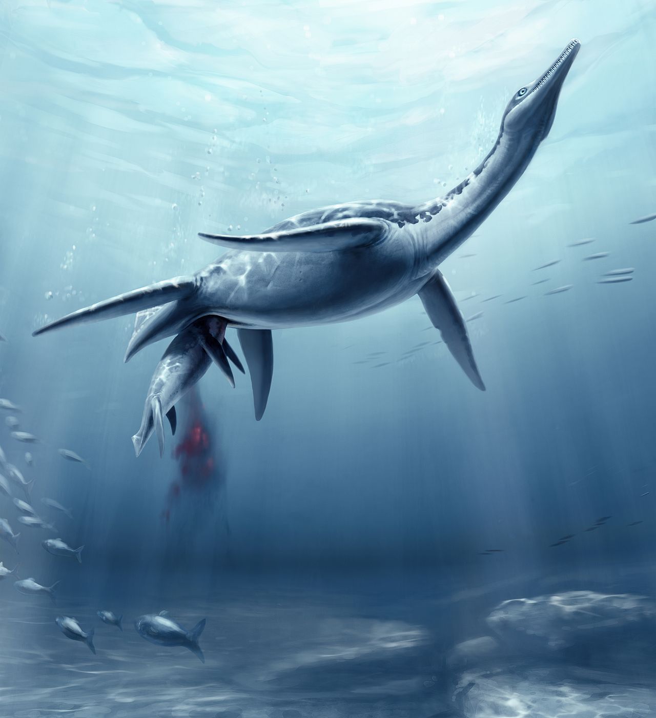 Recreación artística del nacimiento de una cría de plesiosaurio en el mar