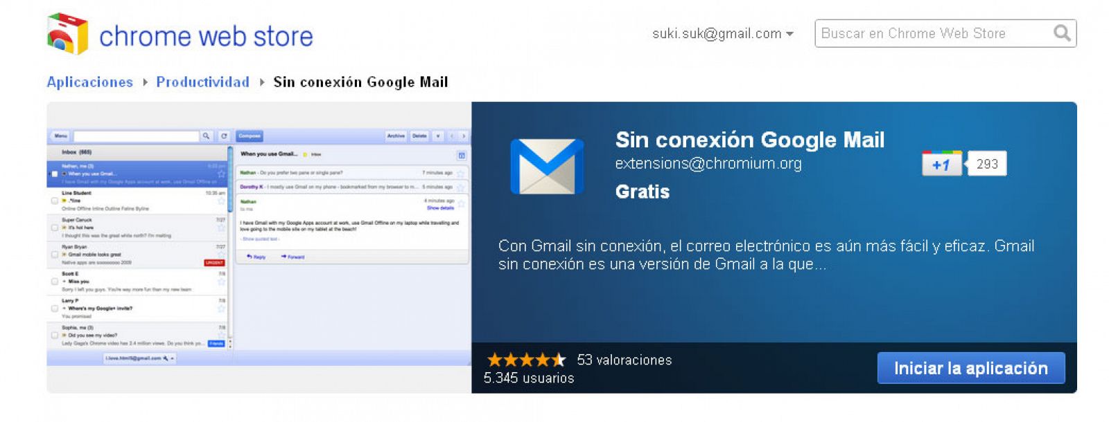 Para acceder al modo 'offline' en Gmail hay que instalarse una aplicación en la tienda de Chrome, el navegador de Google
