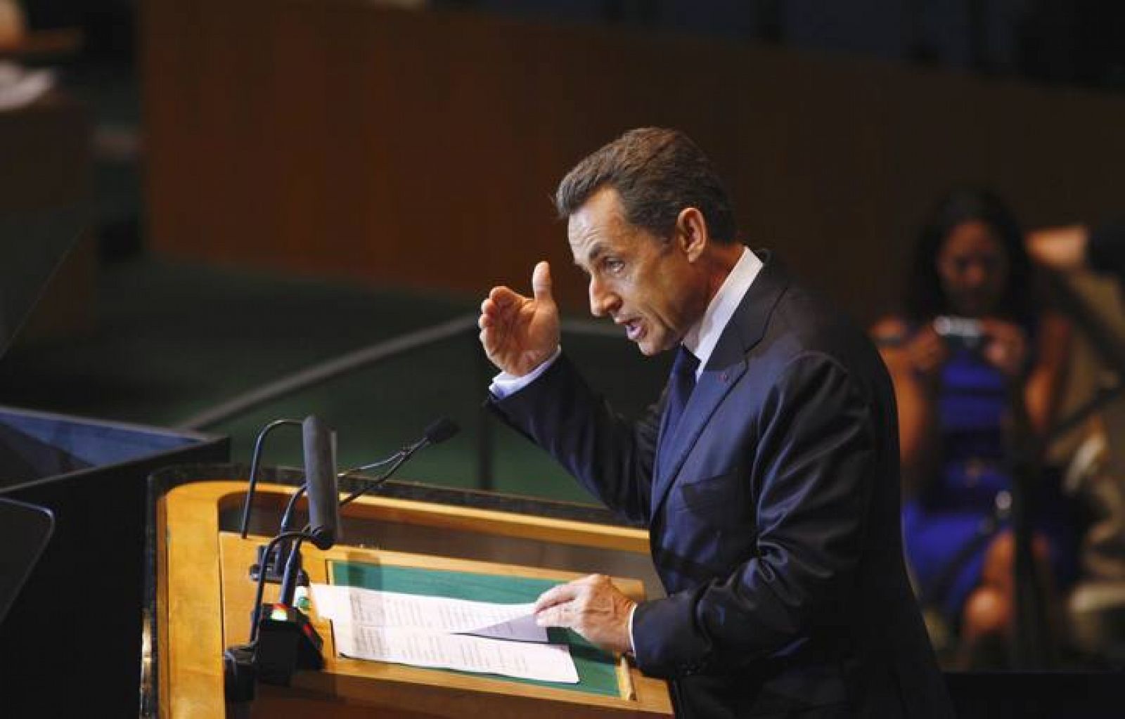 El presidente francés, Nicolás Sarkozy, durante su intervención en la 66ª Asamblea General de la ONU en Nueva York.  