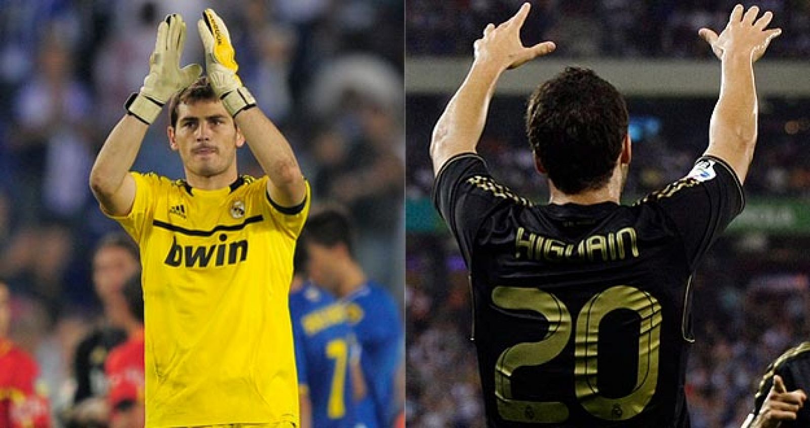 El portero del Real Madrid, Iker Casillas, y el delantero blanco, Gonzalo Higuaín.