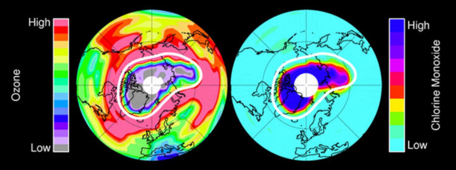  Niveles de ozono en la estratosfera comparados con el nivel de monóxido de cloro - el principal agente de destrucción química del ozono-.