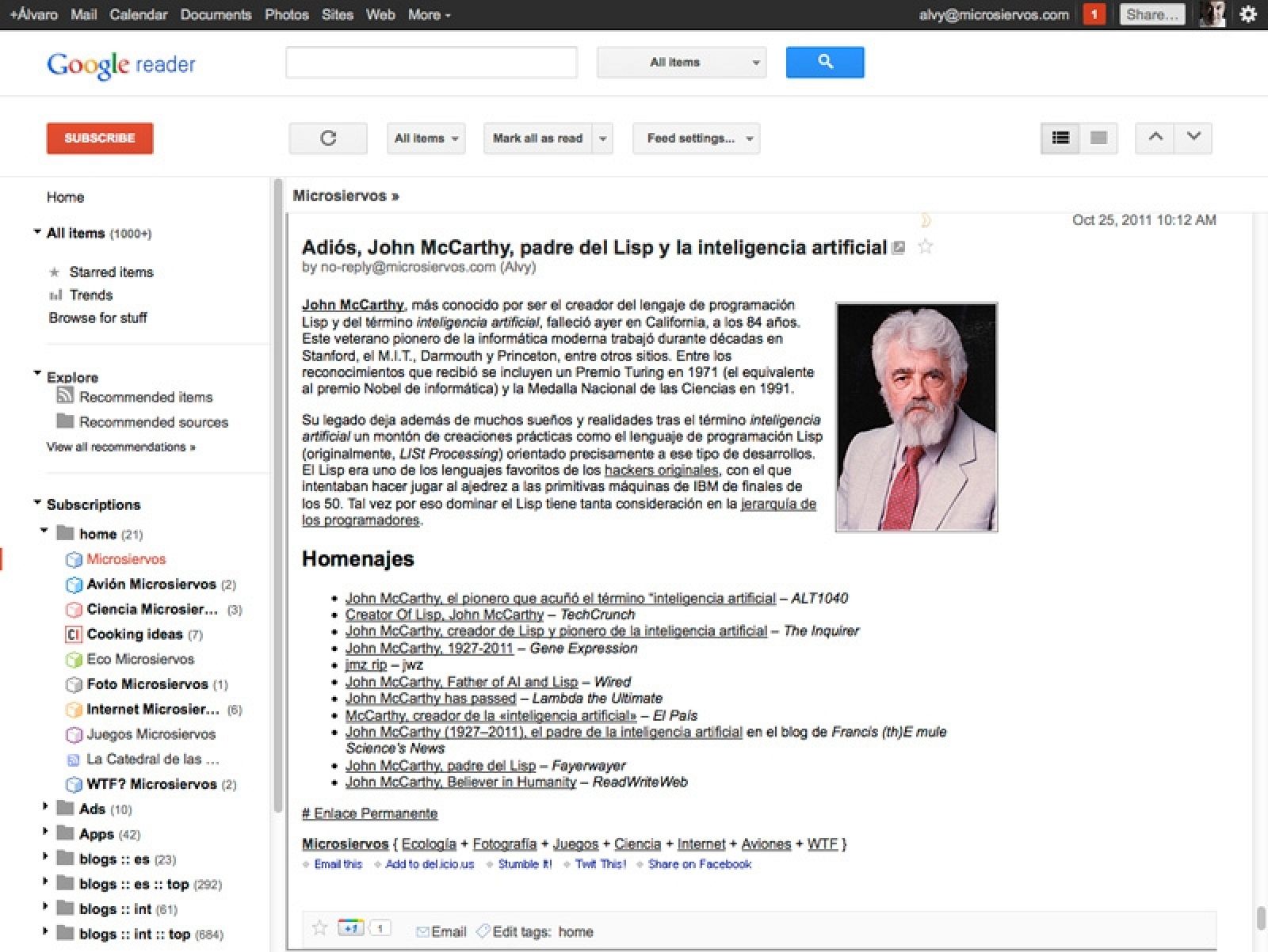 El nuevo aspecto de Google Reader, más limpio y claro.