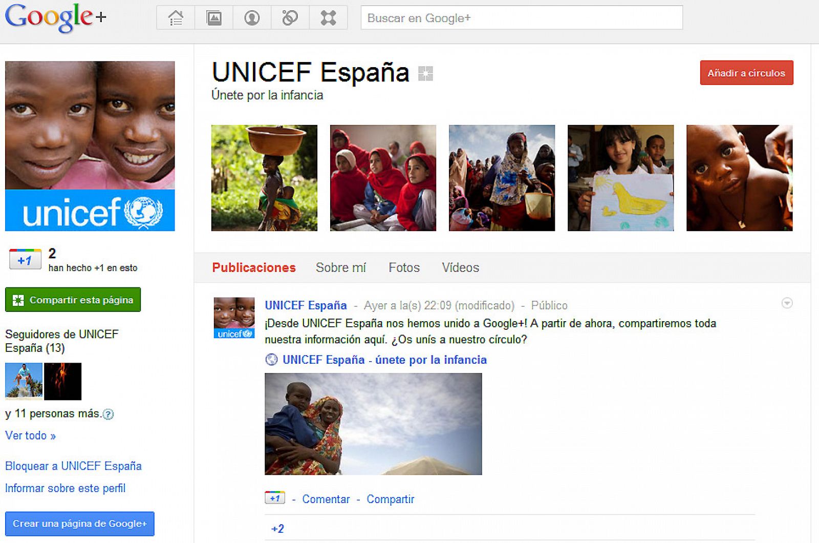 La página corporativa de UNICEF España en Google+