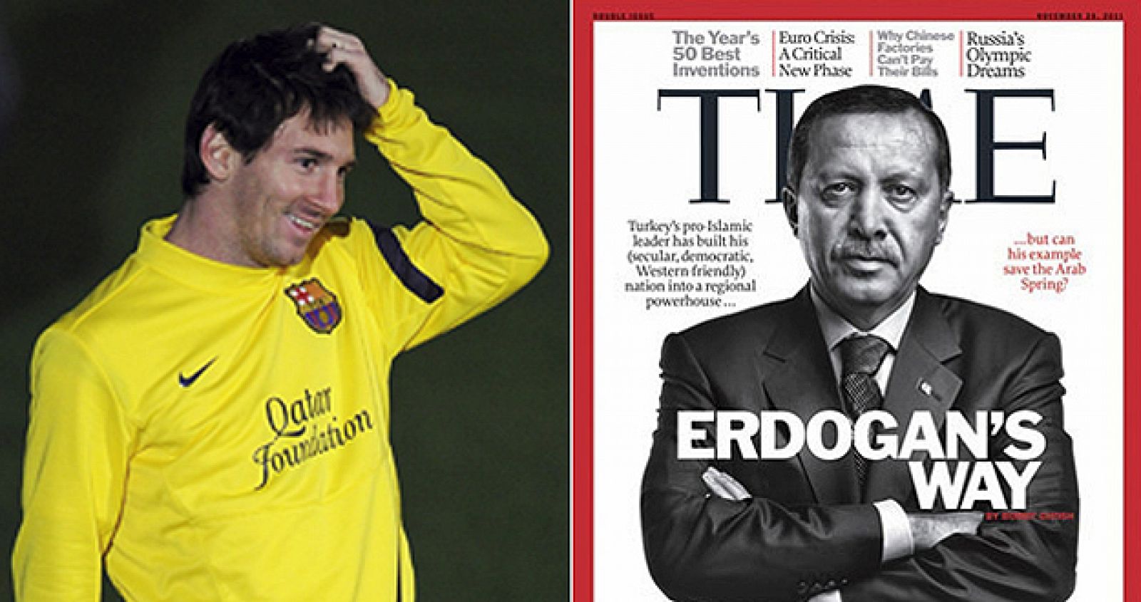 El jugador argentino del FC Barcelona, Lionel Messi, y la portada de la revista Times con Erdogan en la portada.