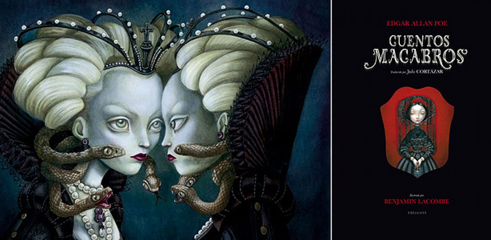 La Reina Bruja de Blancanieves y portada de 'Cuentos macabros ' de Poe, de Benjamin Lacombe