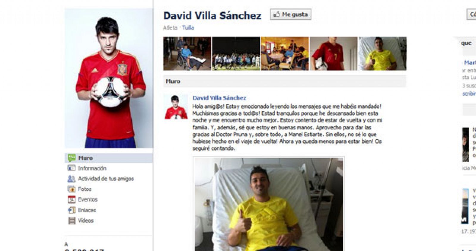 David Villa agracede el apoyo en Facebook.