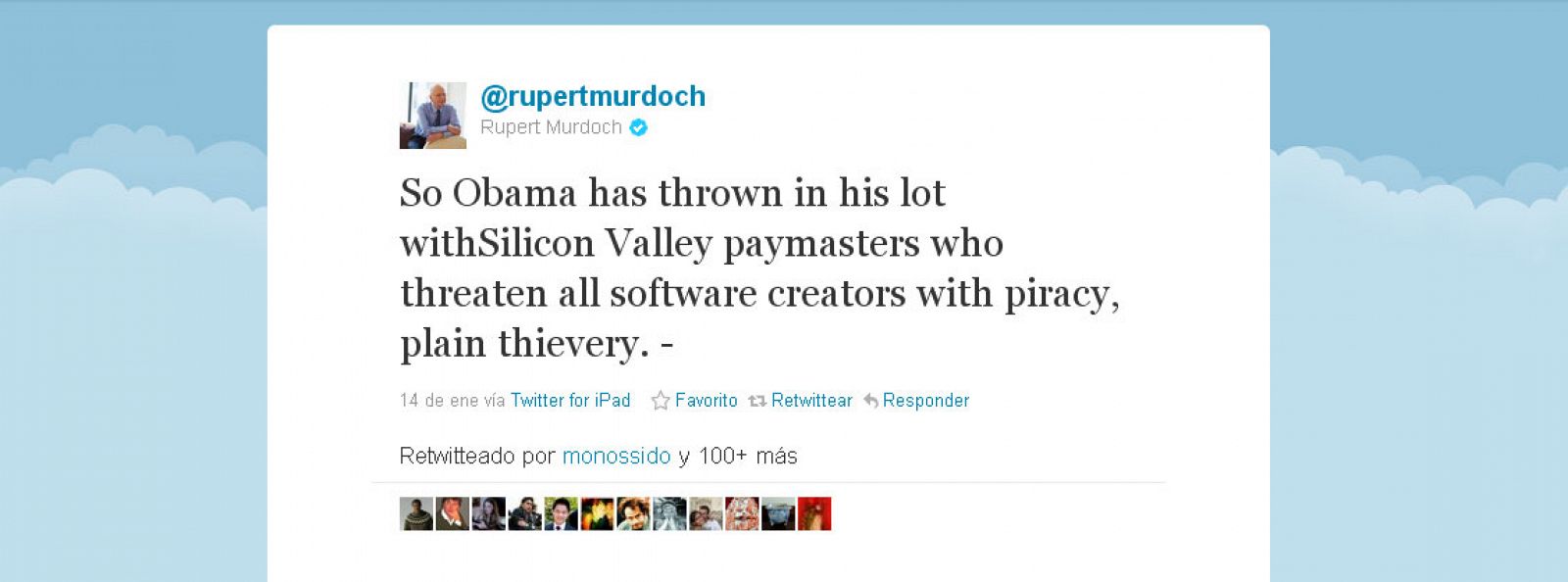 El tuit en el que Rupert Murdoch arremete contra Obama por las críticas de la Casa Blanca a la ley SOPA