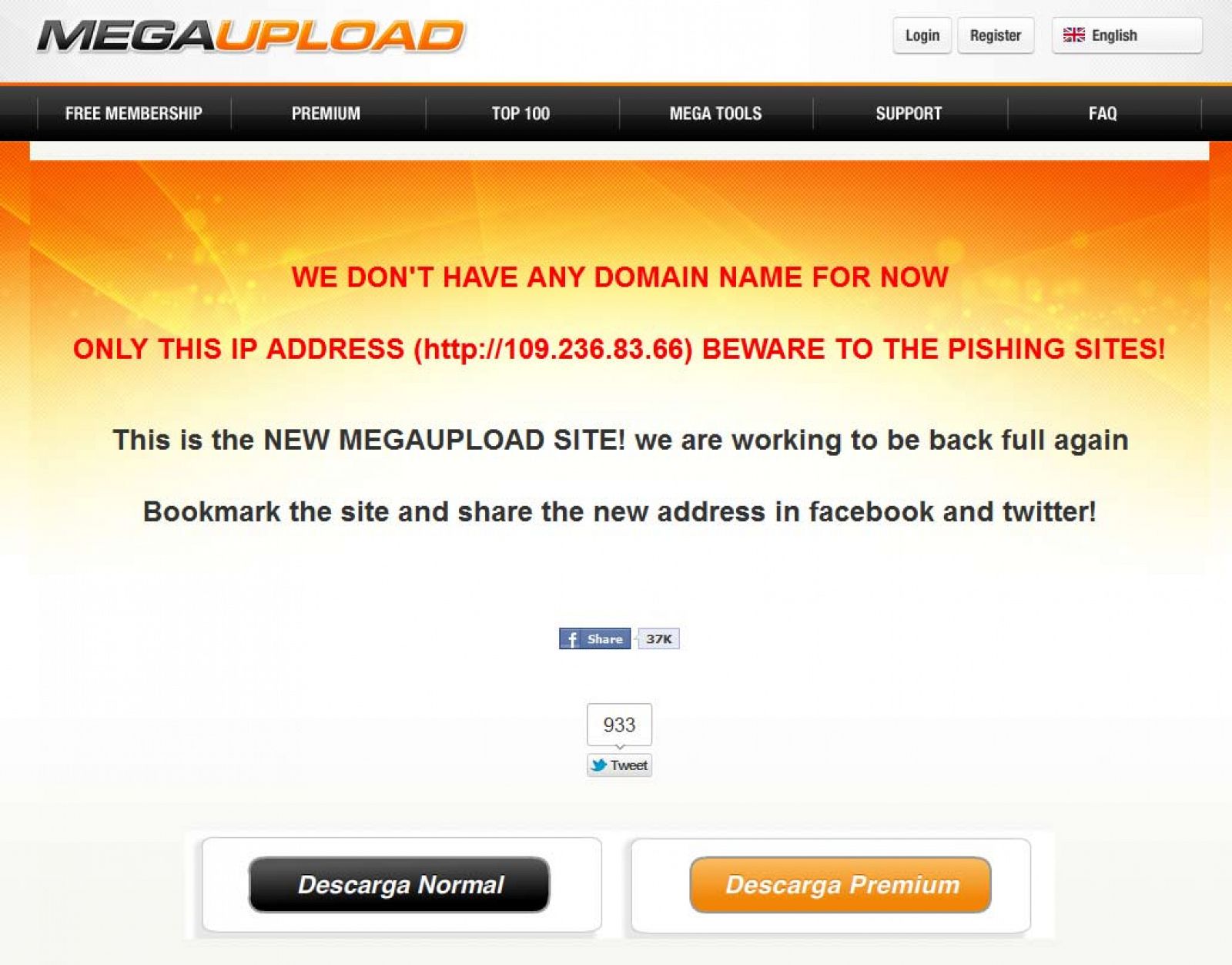 Aspecto de la página falsa que simula ser el nuevo Megaupload