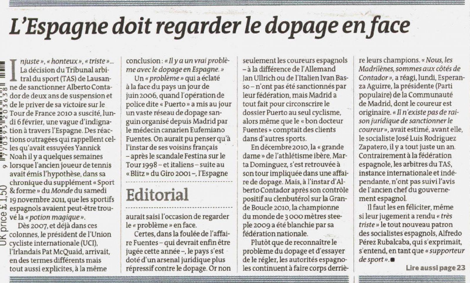 Texto del editorial publicado por Le Monde en su portada del 8 de febrero de 2012: "España debe mirar de frente al dopaje"