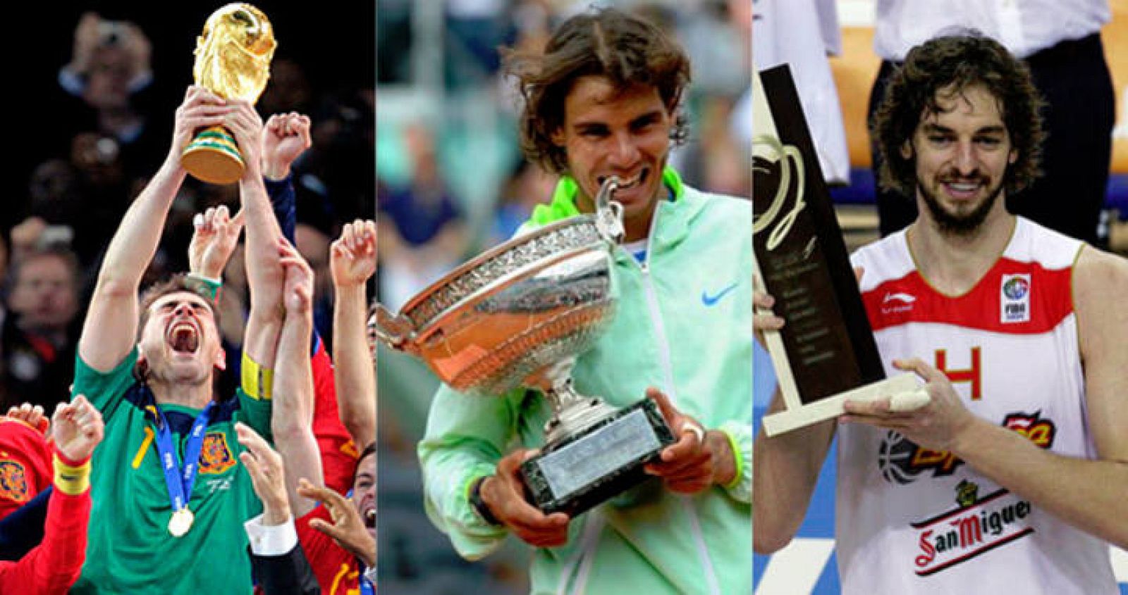 Casillas, tras ganar el Mundial 2010; Nadal, con uno de sus seis Roland Garros; y Gasol, después de lograr el último Europeo de Baloncesto.