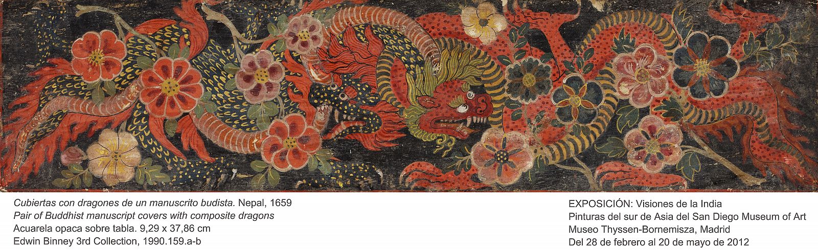 Cubiertas con dragones de un manuscrito budista, Nepal 1659. (acuarela opaca sobre tabla) Detalle