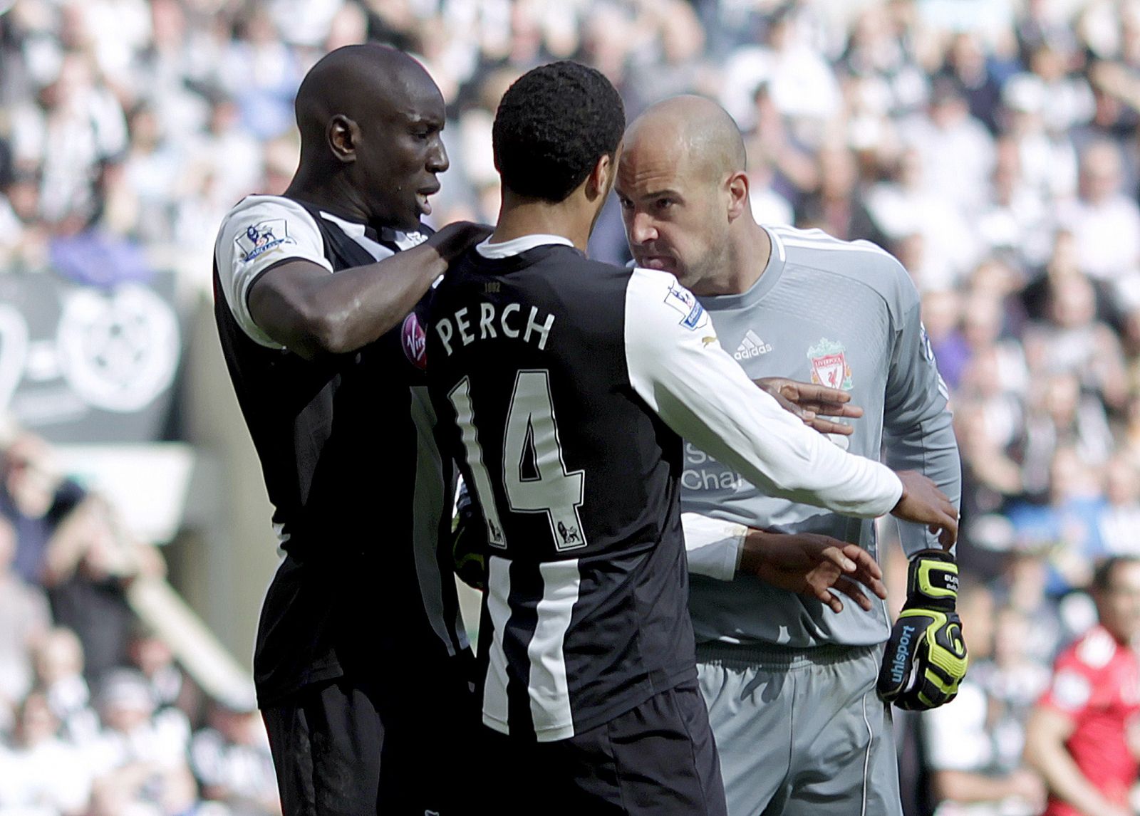 Pepe Reina da un cabezazo al jugador del Newcastle James Perch.