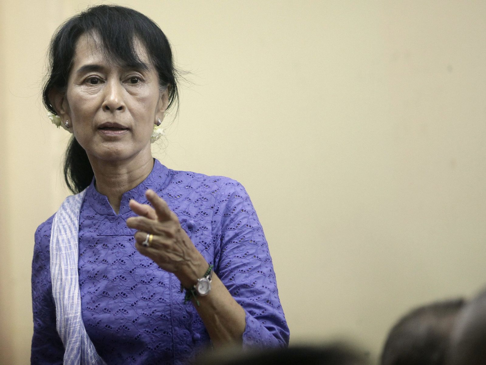 La líder opositora de Birmania, Aung San Suu Kyi, durante una ceremonia de su partido en Rangún