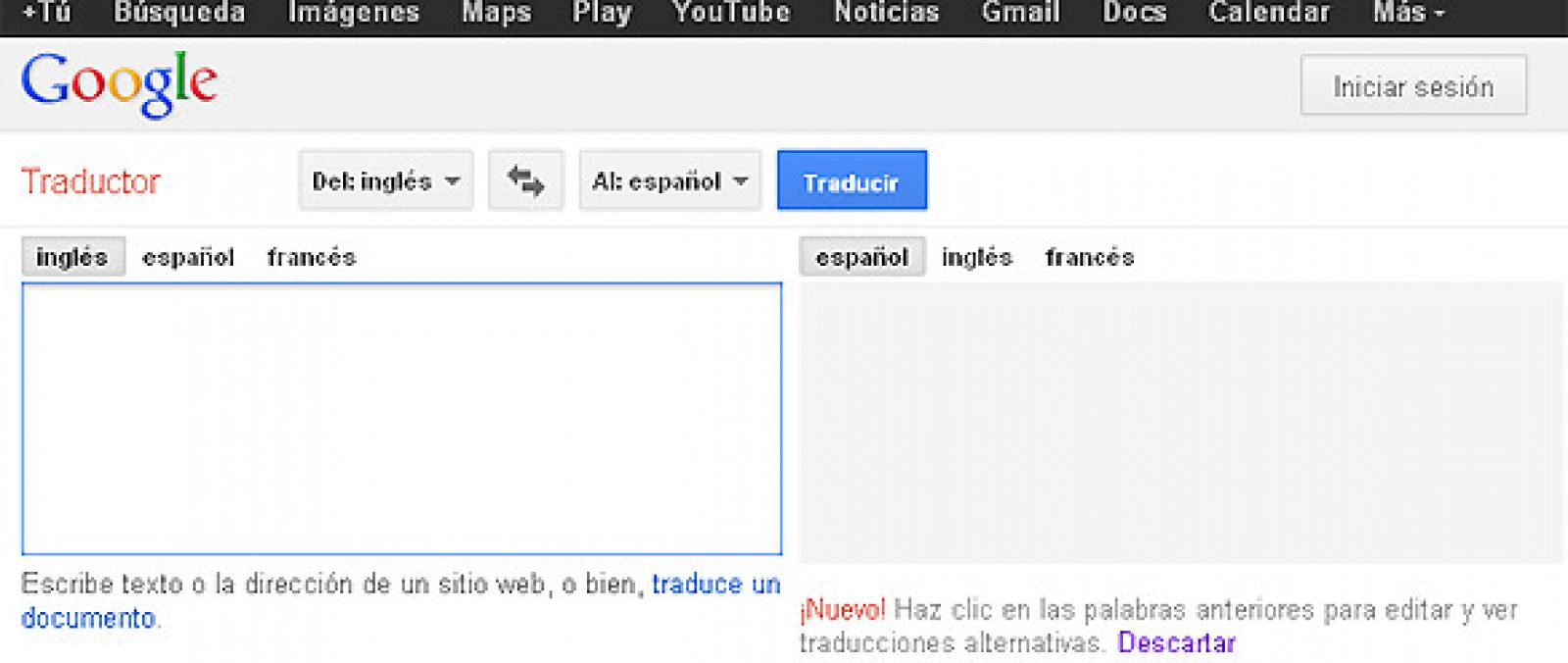 Página principal de Google Translate, el servicio de traducción de la compañía