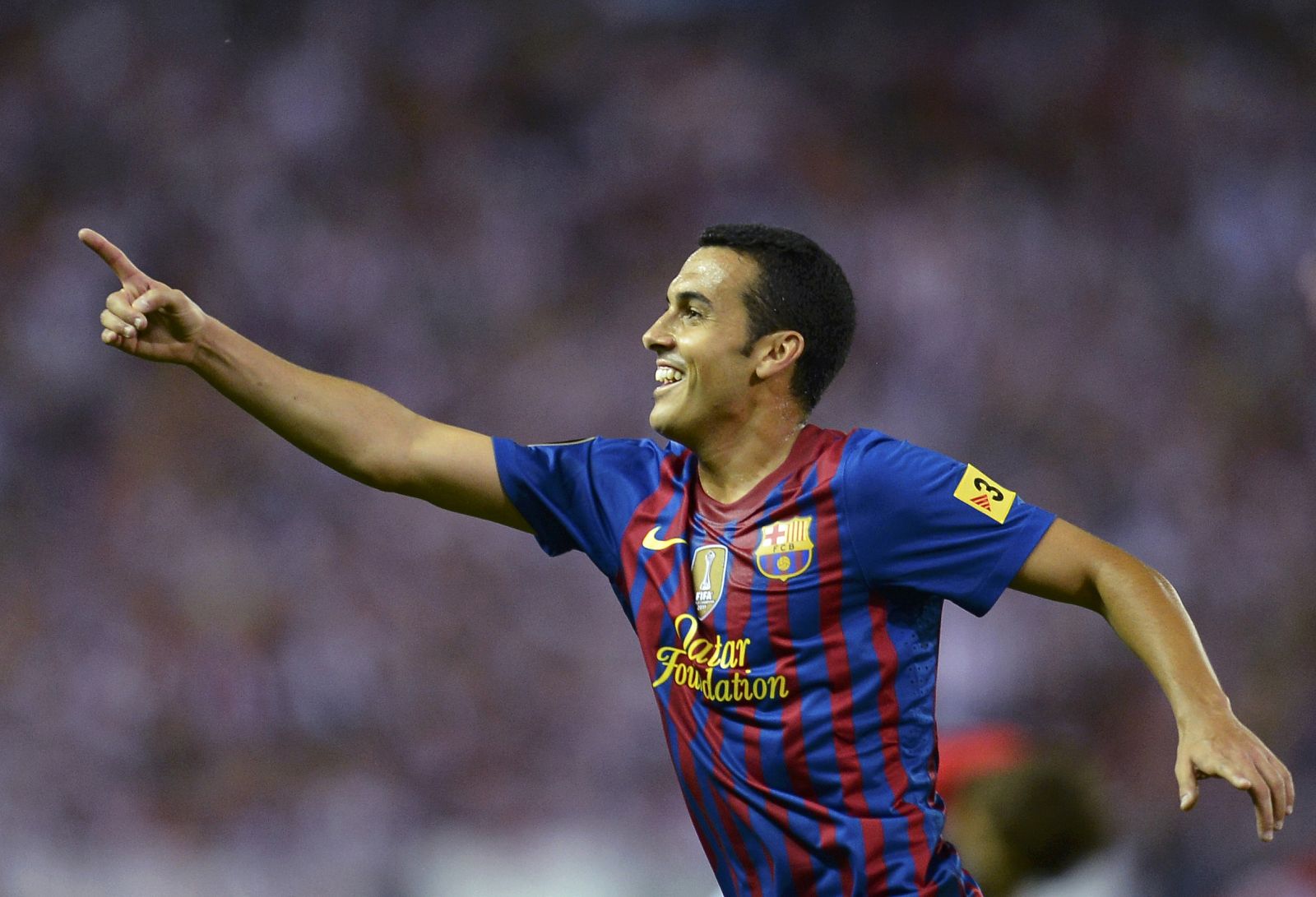 Barcelona's Pedro celebrates after scoring against Athletic Bilbao during their Spanish King's Cup final at the Vicente Calderon stadium in Madrid