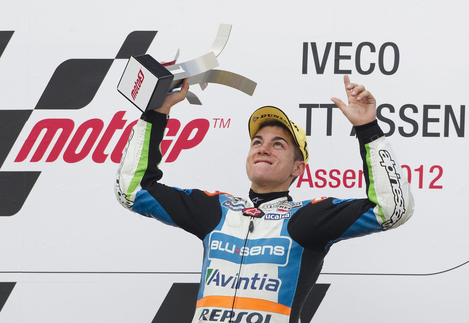 Blusens Avintia Moto3 rider Vinales of Spain celebrates on podium after winning Dutch Grand Prix in Assen