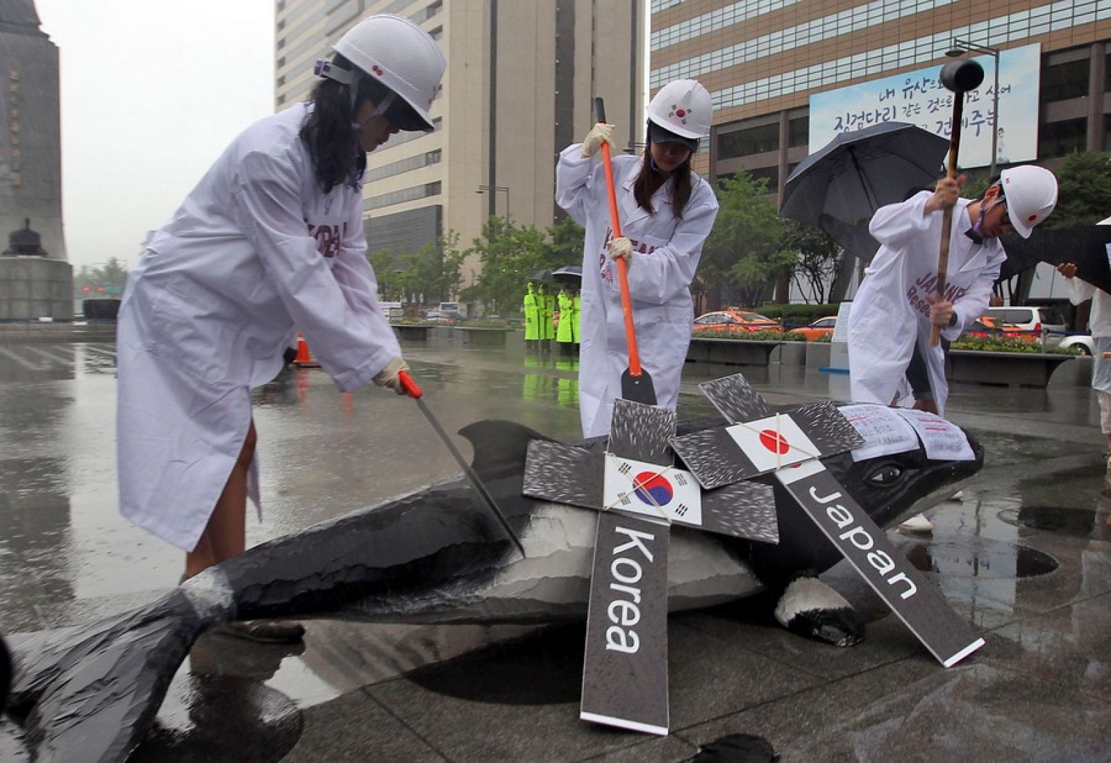Activistas surcoreanos protestan contra los planes de Corea del Sur de reanudar la caza de ballenas para propósitos de investigación