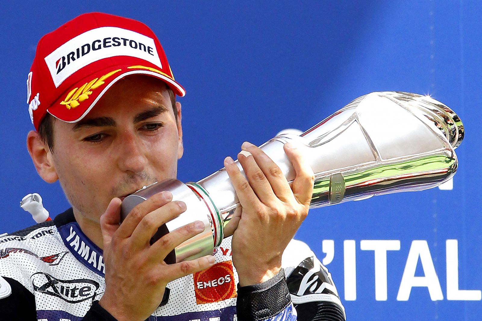 Lorenzo of Spain celebrates on the podium after winning the Italian motorcycling Grand Prix race at Mugello circuit