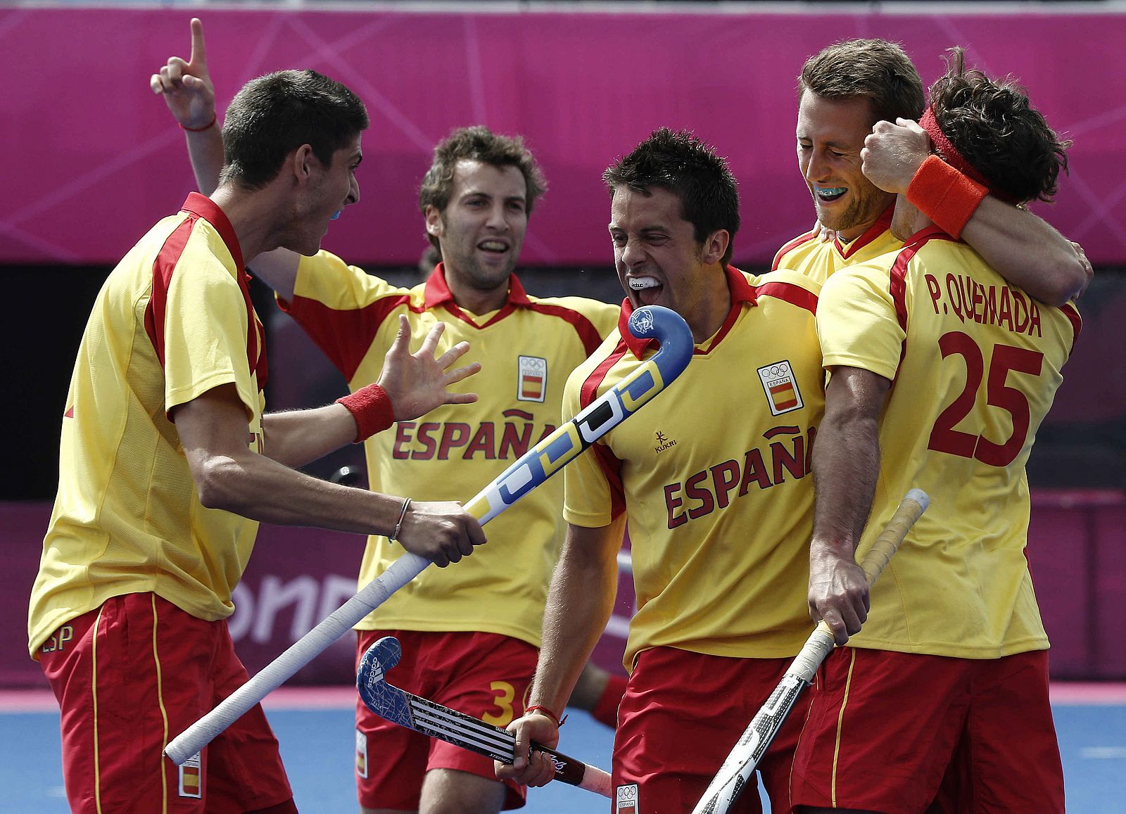 España celebrando su único tanto en el pasado partido contra la selección de Pakistán.