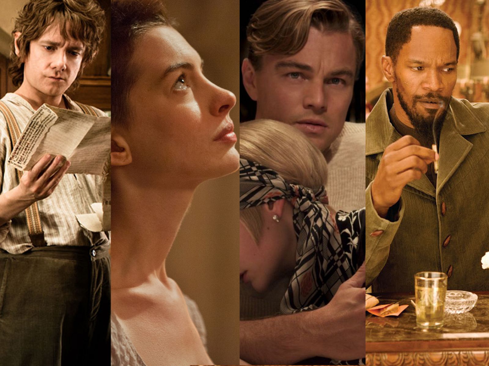 Fotogramas de las películas 'El Hobbit: Un viaje inesperado', 'Los Miserables', 'El Gran Gatsby' y 'Django Desencadenado'