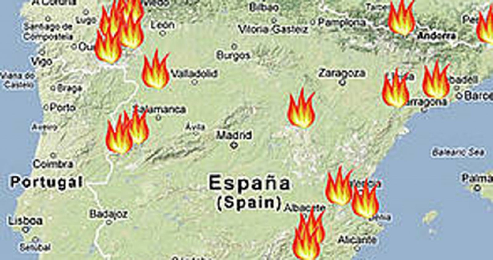 La ONG ecologista WWF ha hecho un "mapa del fuego" donde aparecen los grandes incendios producidos en España durante este año.