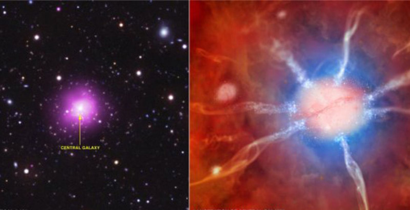 A la izquierda imagen captada por el telescopio de rayos X Chandra, a la derecha ilustración de la galaxia central