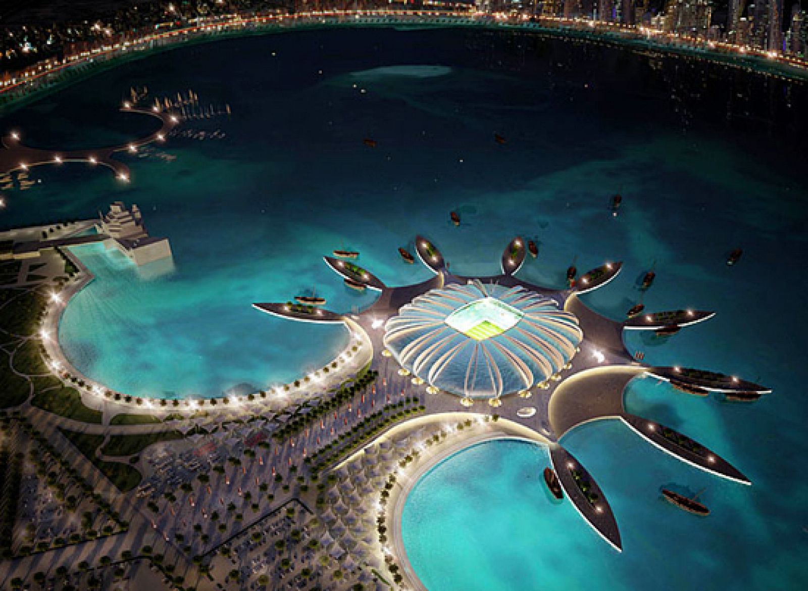 Imagen 3D creada por ordenador facilitada por el Comité de organización del Mundial de fútbol Qatar 2022, que muestra la propuesta del que será el estadio Doha Port, en Doha. El Doha Port tendrá capacidad para 44.950 personas.
