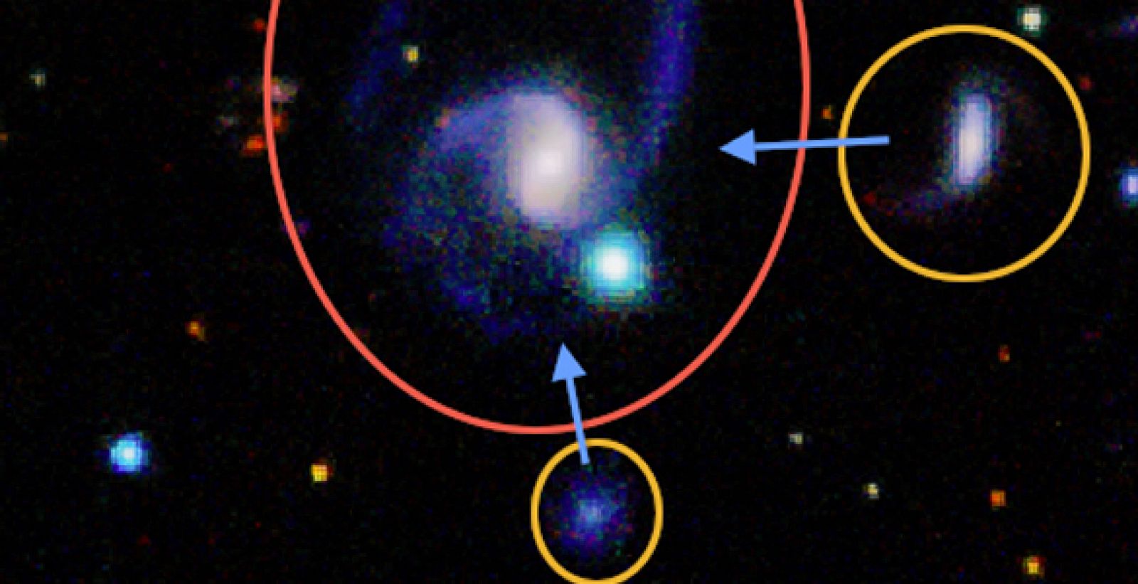 Imagen de la galaxia GAMA202627, 'gemela' de la Vía Láctea y que también cuenta con dos galaxias que la acompañan