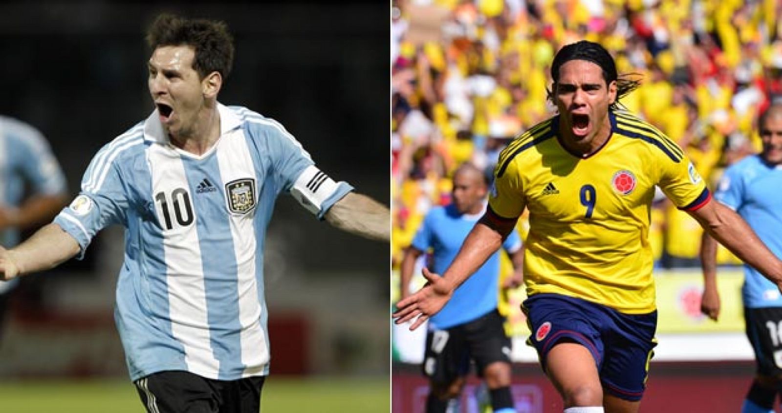 Messi celebra su gol ante Paraguay (3-1) y Falcao, el suyo ante Uruguay (4-0).
