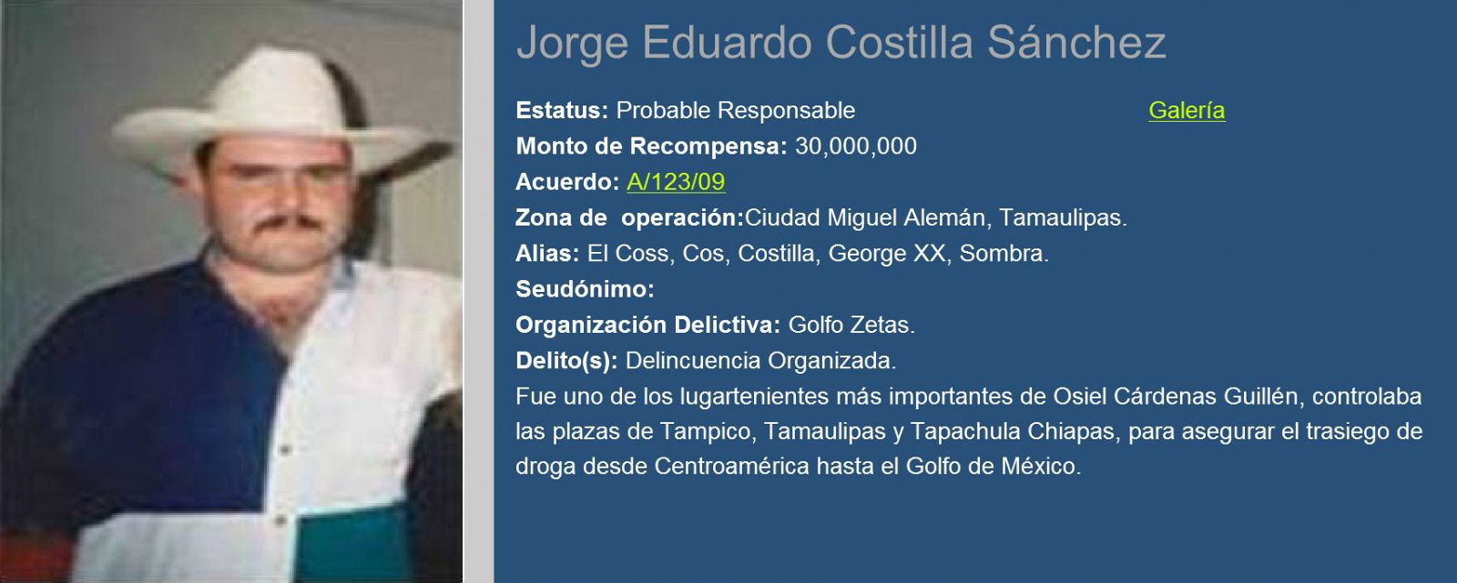 Ficha de Jorge Eduardo Costilla Sánchez, alias "El Coss", jefe del cartel del Golfo, en el portal de la Procuraduría General de la República (PGR) mexicana