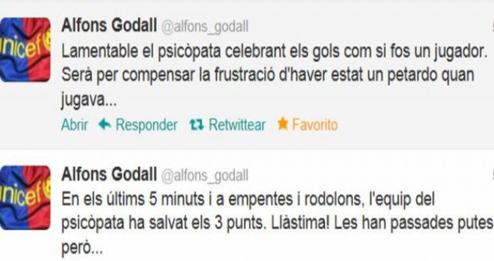 Comentarios en twitter de Alfons Godall, exvicepresidente del Barça.
