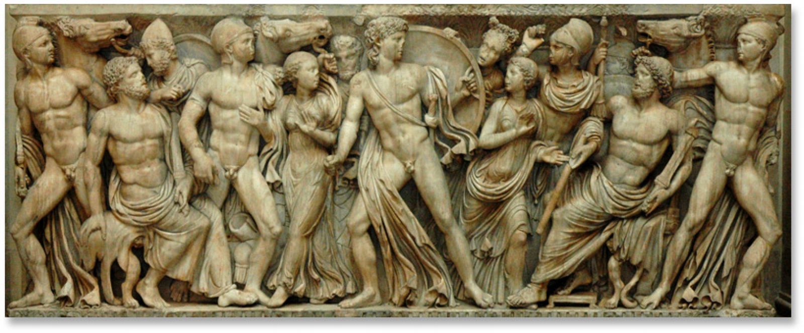 En el Museo del Louvre, en París, se conserva este frontispicio tallado en mármol, en el que se representa una escena de La Ilíada, protagonizada por la figura de Aquiles