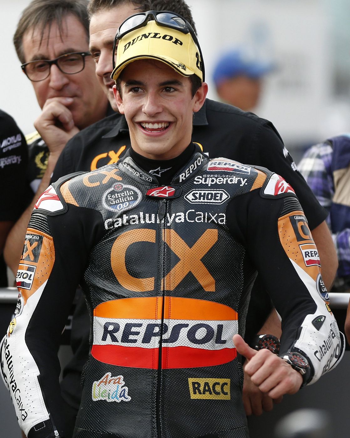 Suter Moto2 rider Marquez of Spain gives a thumbs-up after the qualifying session for Sunday's Japanese Grand Prix in Motegi