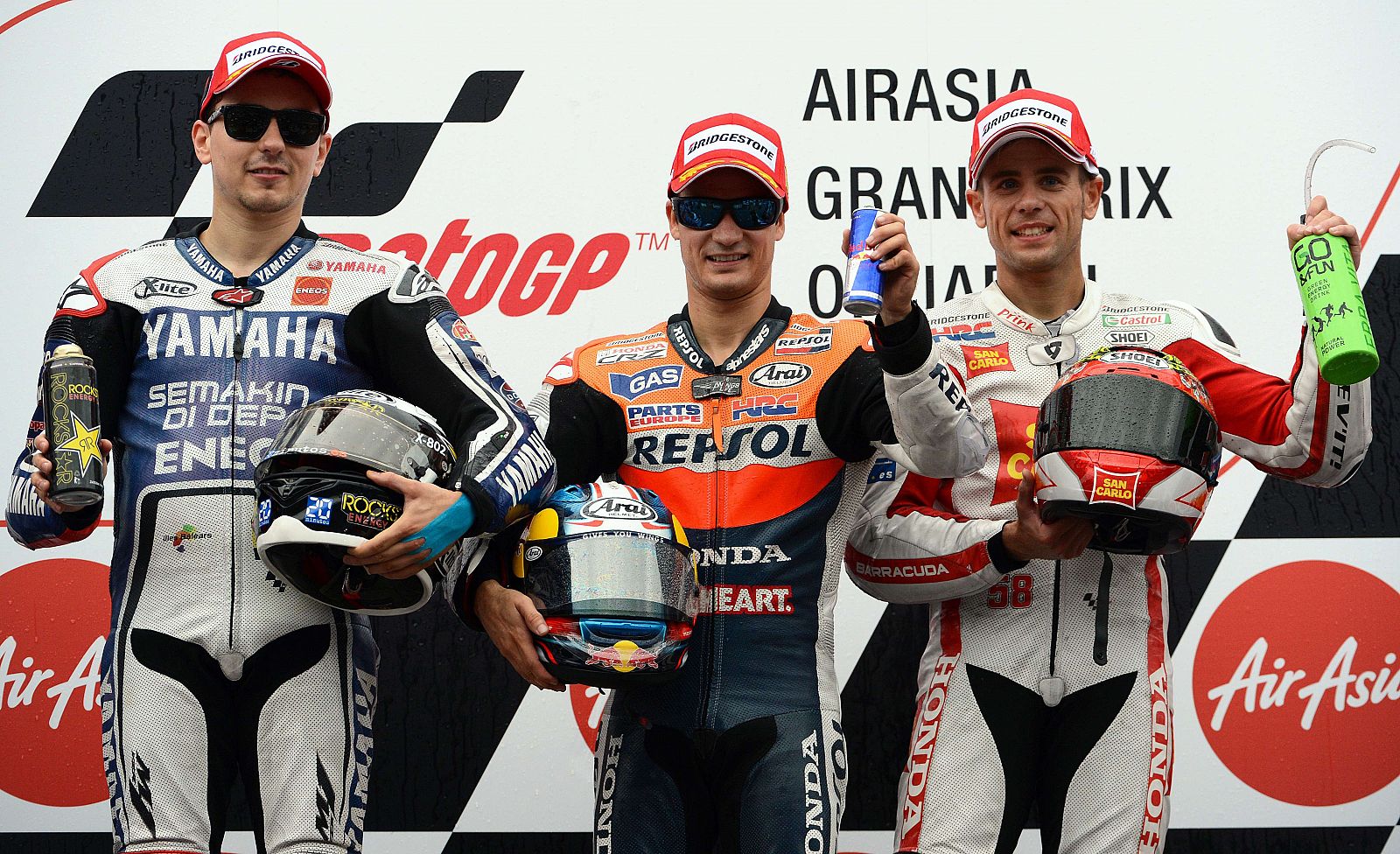 Los españoles Dani Pedrosa, Jorge Lorenzo y Álvaro Bautista