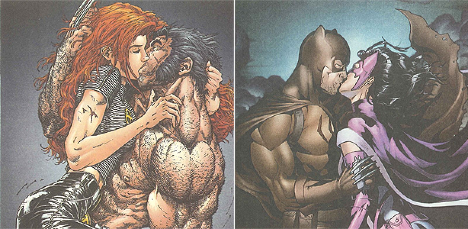 Apasionados besos de Lobezno (Marvel) y Batman (DC Comics) recogidos en la 'Enciclopedia erótica del cómic', de Luis Gasca y Roman Gubern