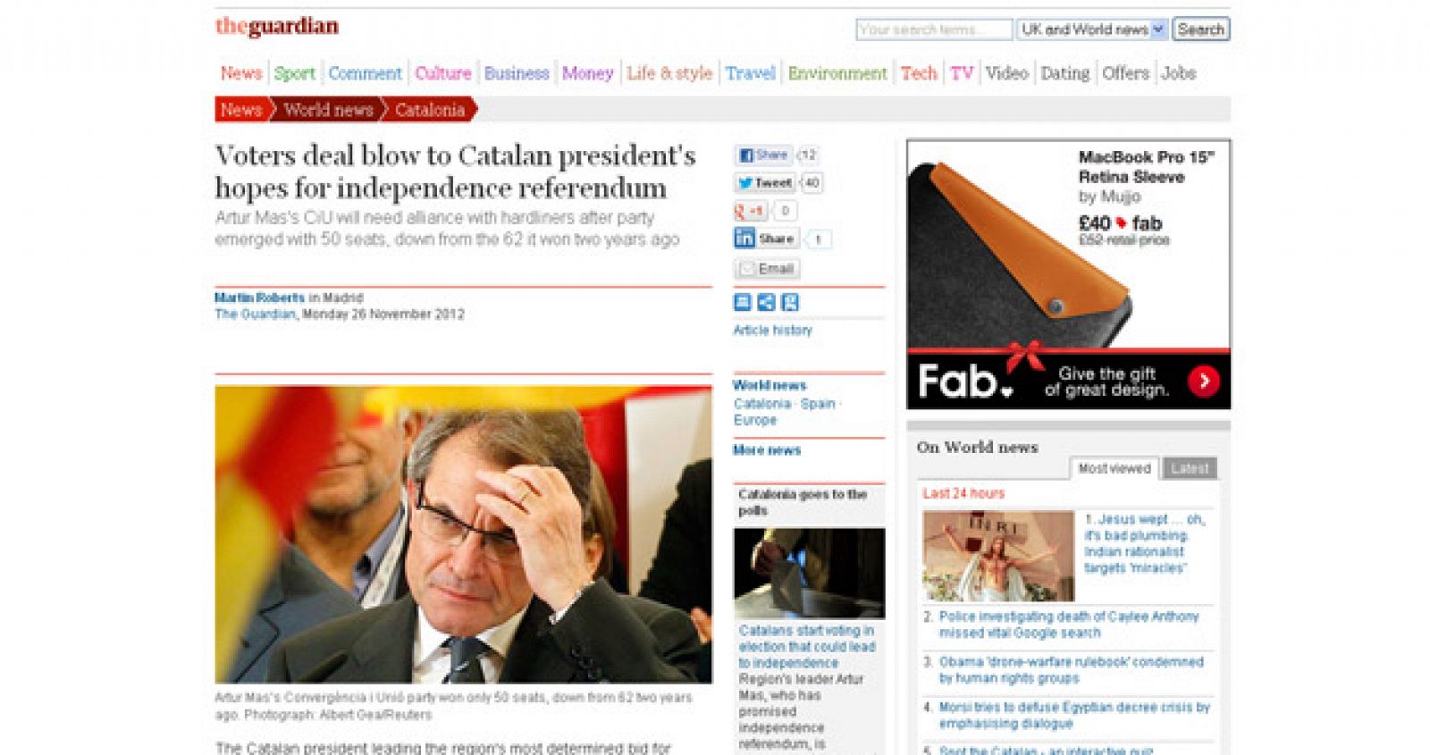 Imagen de la noticia que 'The Guardian' dedica a las elecciones catalanas del 25N