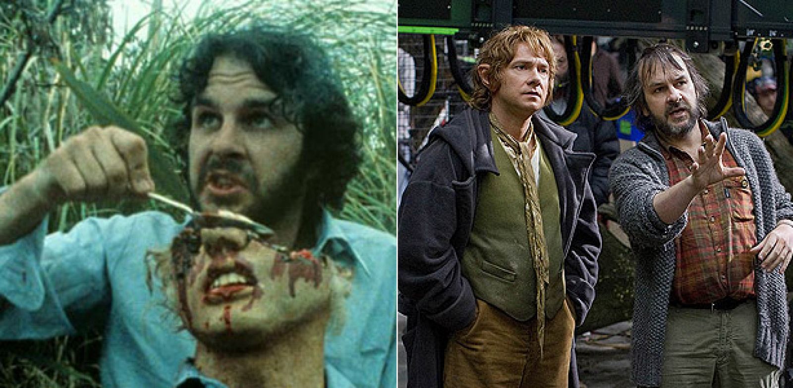 Peter Jackson en una escena de 'Mal gusto' y en el rodaje de 'El Hobbit', con Martin Freeman