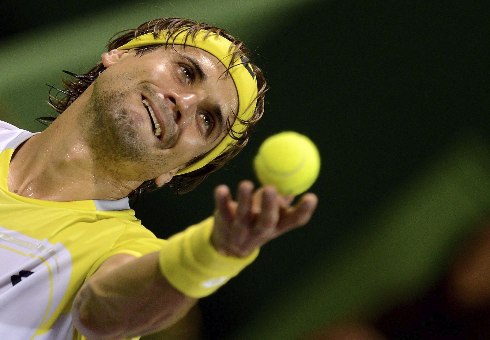 El tenista español David Ferrer realiza un saque  en el torneo de Doha