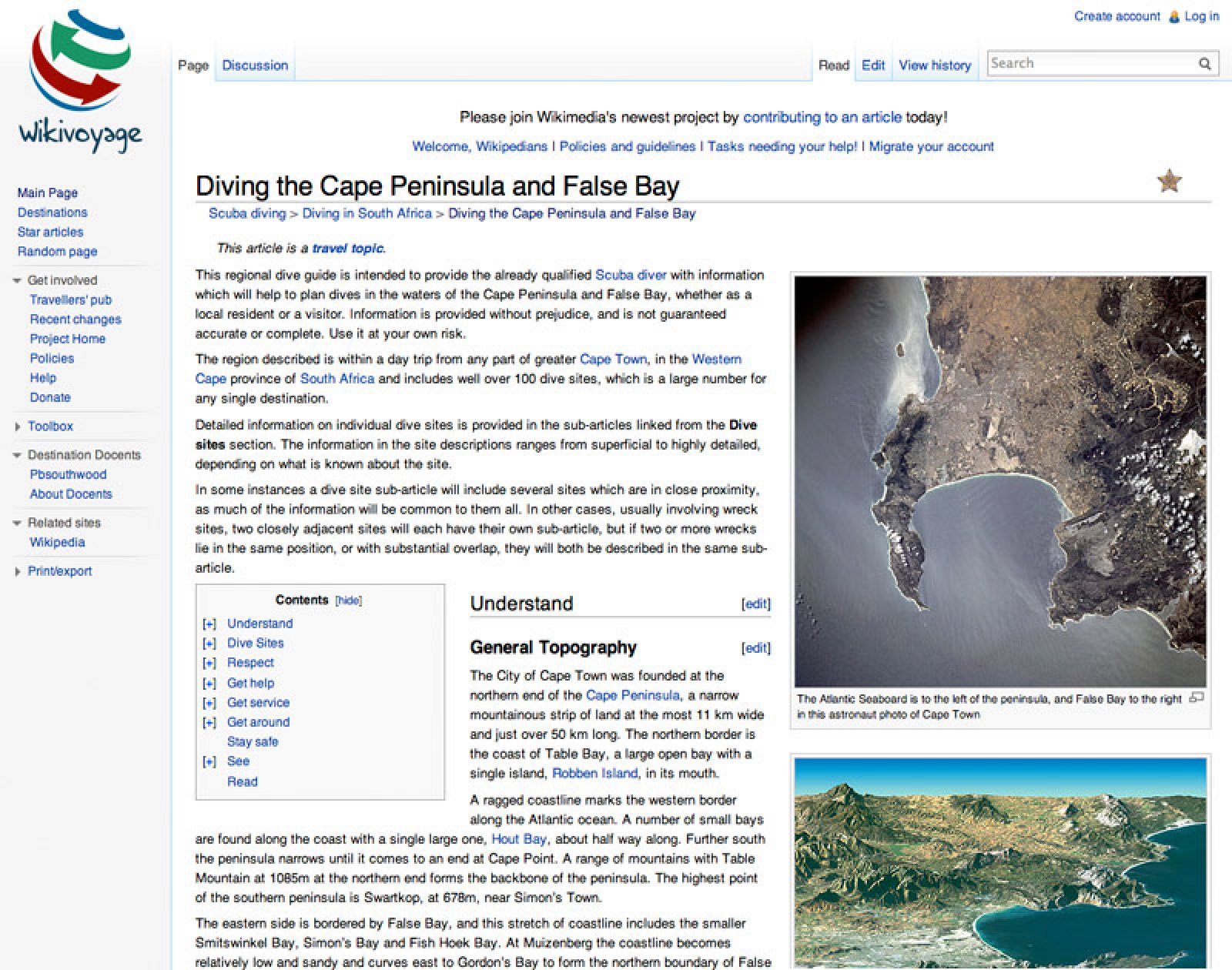 Una página de la versión en inglés de Wikiviajes.