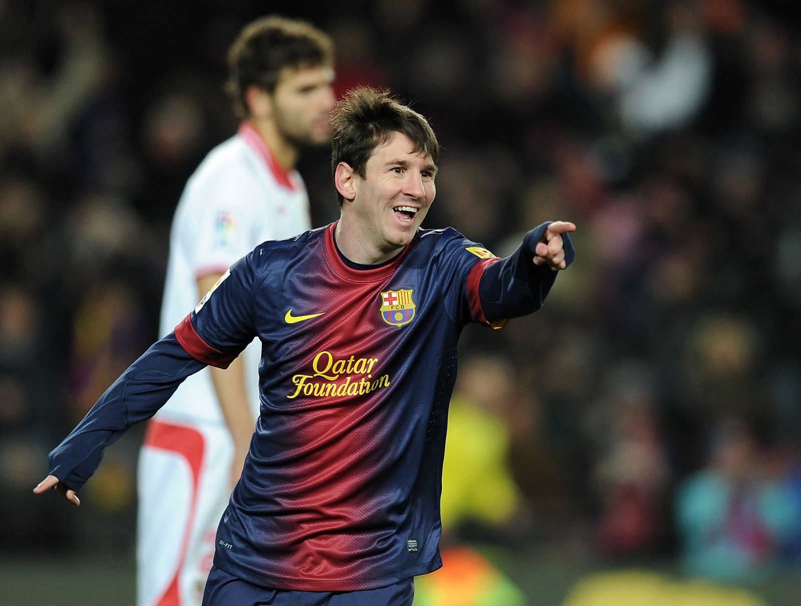 Leo Messi celebra su gol, el segundo del FC Barcelona contra el Sevilla