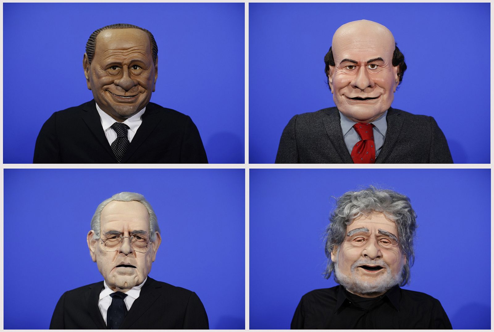 Las caricaturas de Silvio Berlusconi, Pier Luigi Bersani, Beppe Grillo, y Mario Monti en un programa de la televisión italiana.