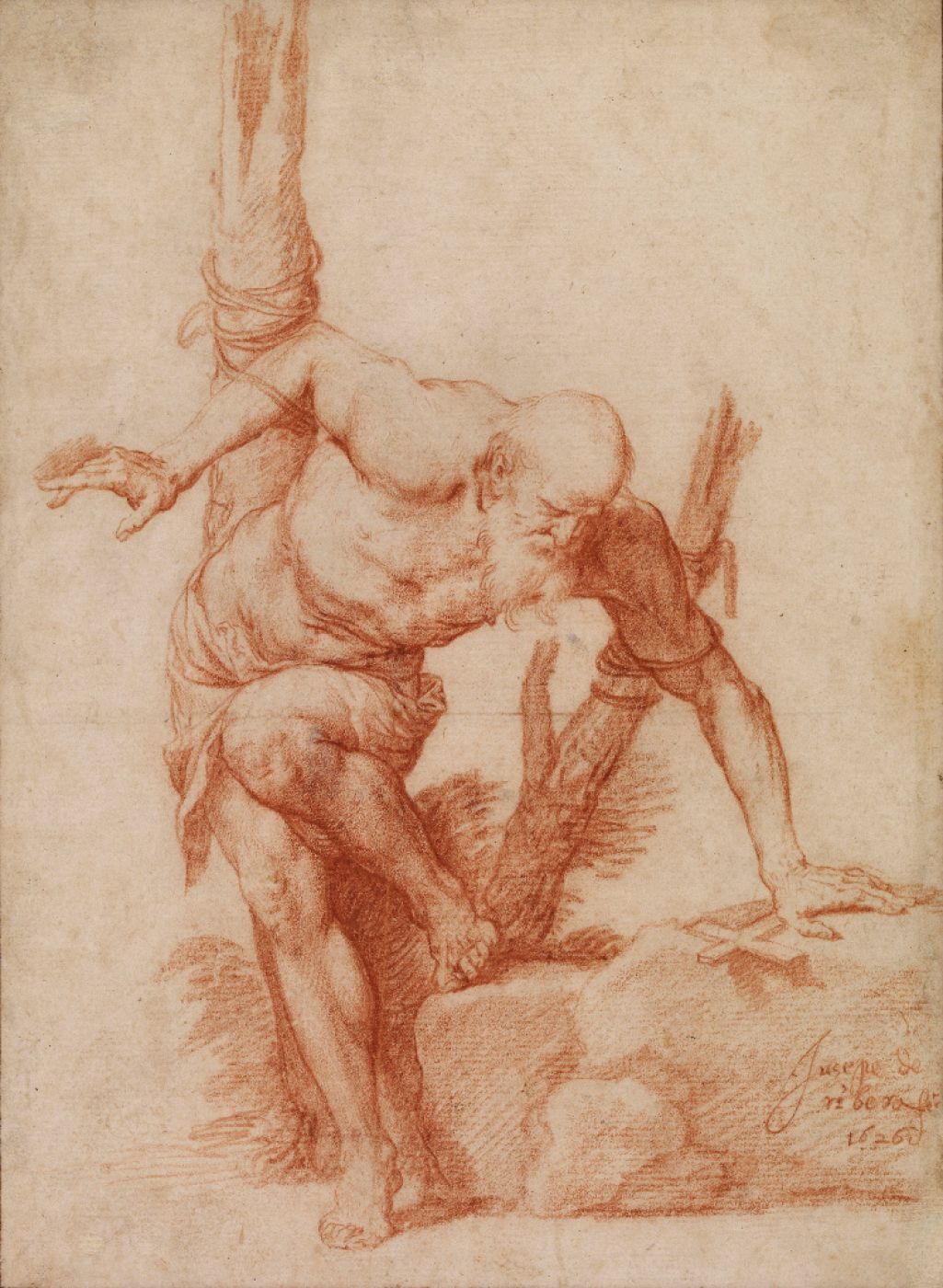 Santo atado a un árbol, José de Ribera, Dibujo, 1626.