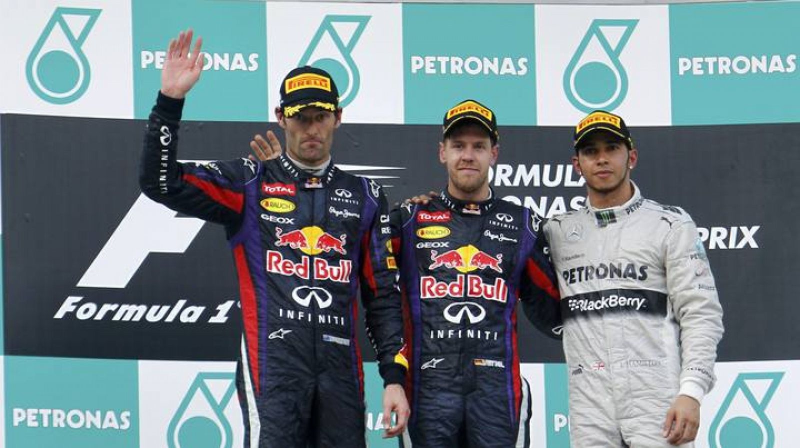 Imagen del podio en Sepang con Vettel, Webber y Hamilton.
