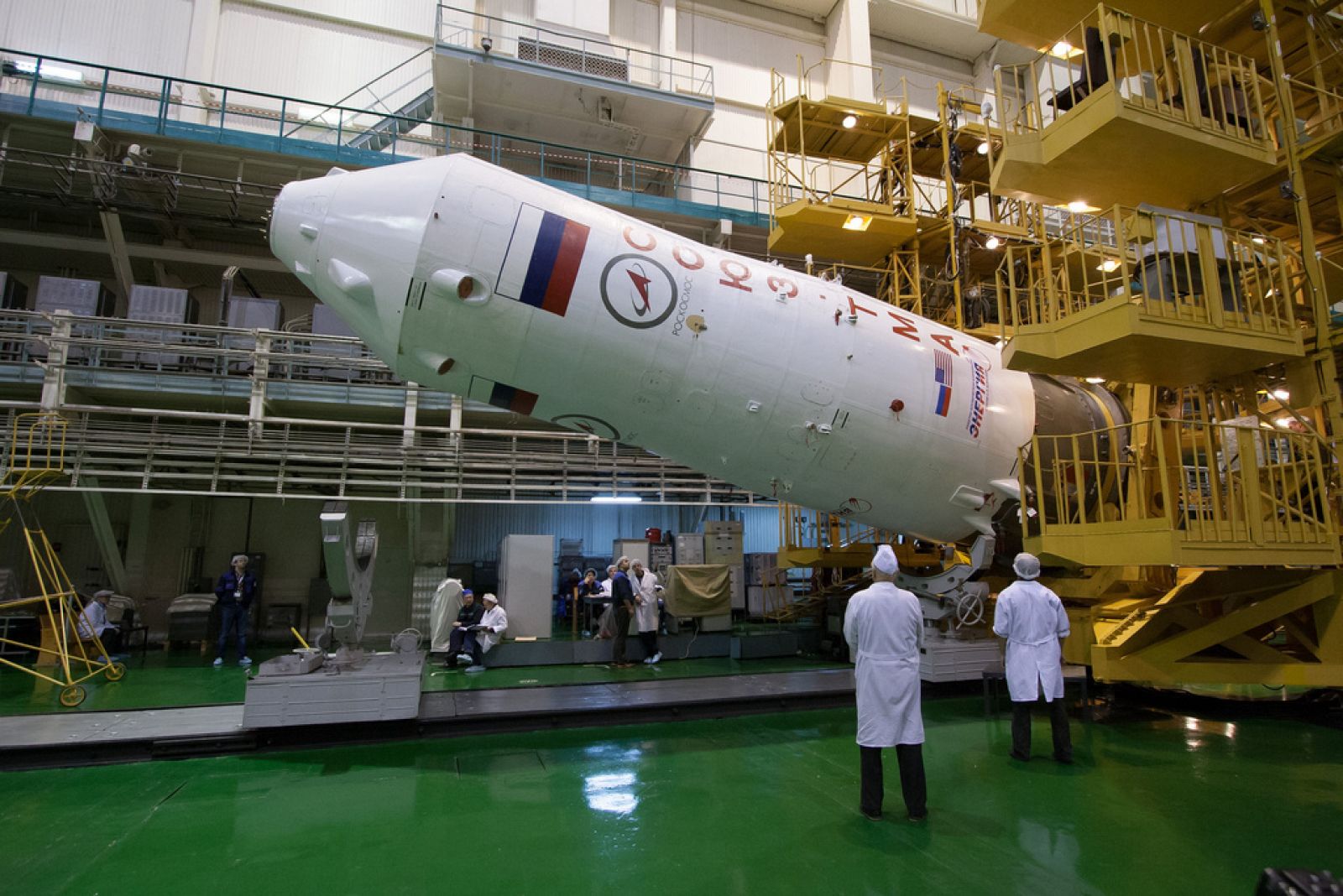 Una parte de la nave Soyuz TMA-08M durante las pruebas en el Cosmódromo de Baikonur en Kazajistán.
