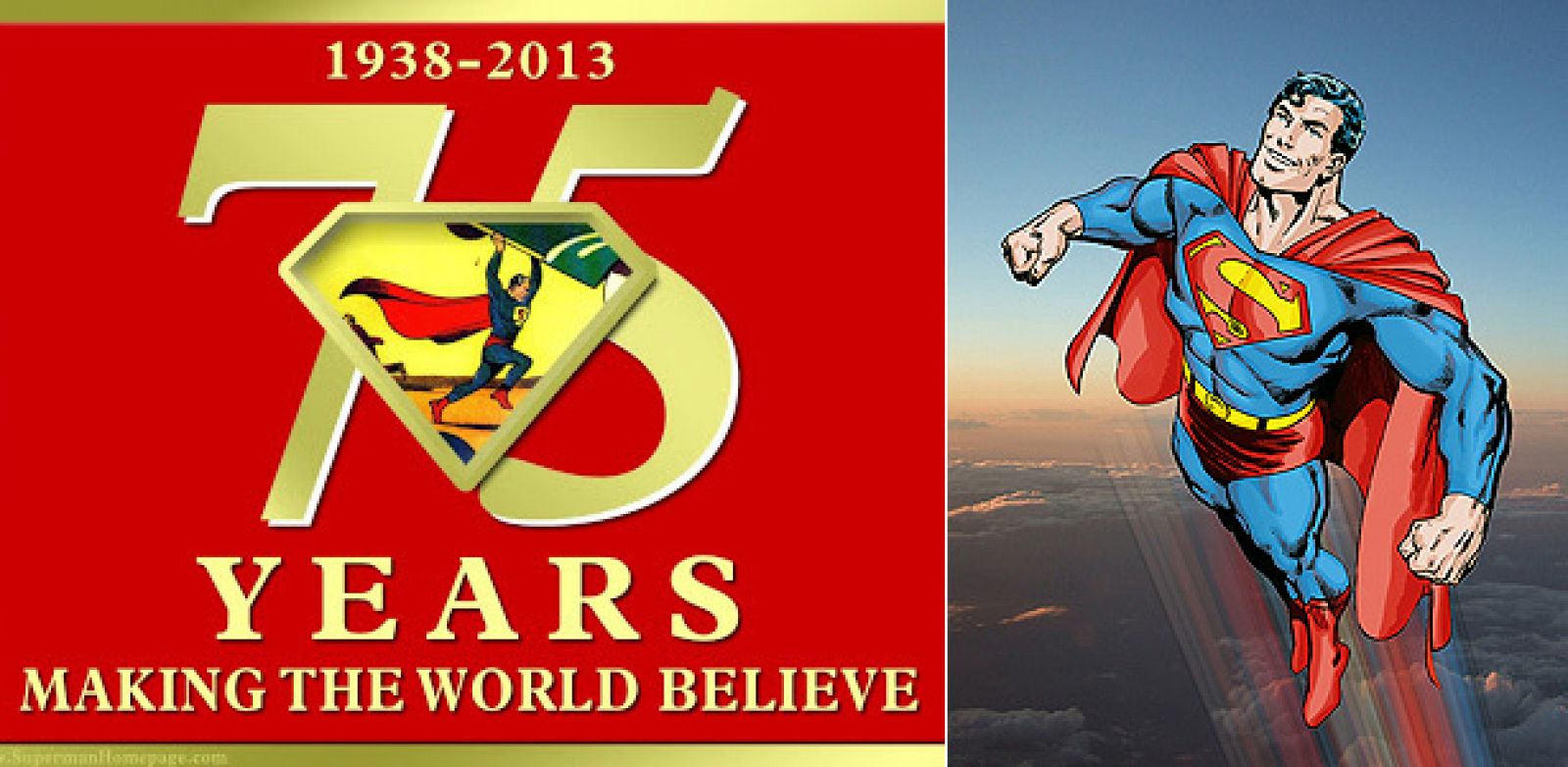 Ilustración alegórica del 75 aniversario de Superman y la versión de John Byrne que publica, actualmente, ecc ediciones