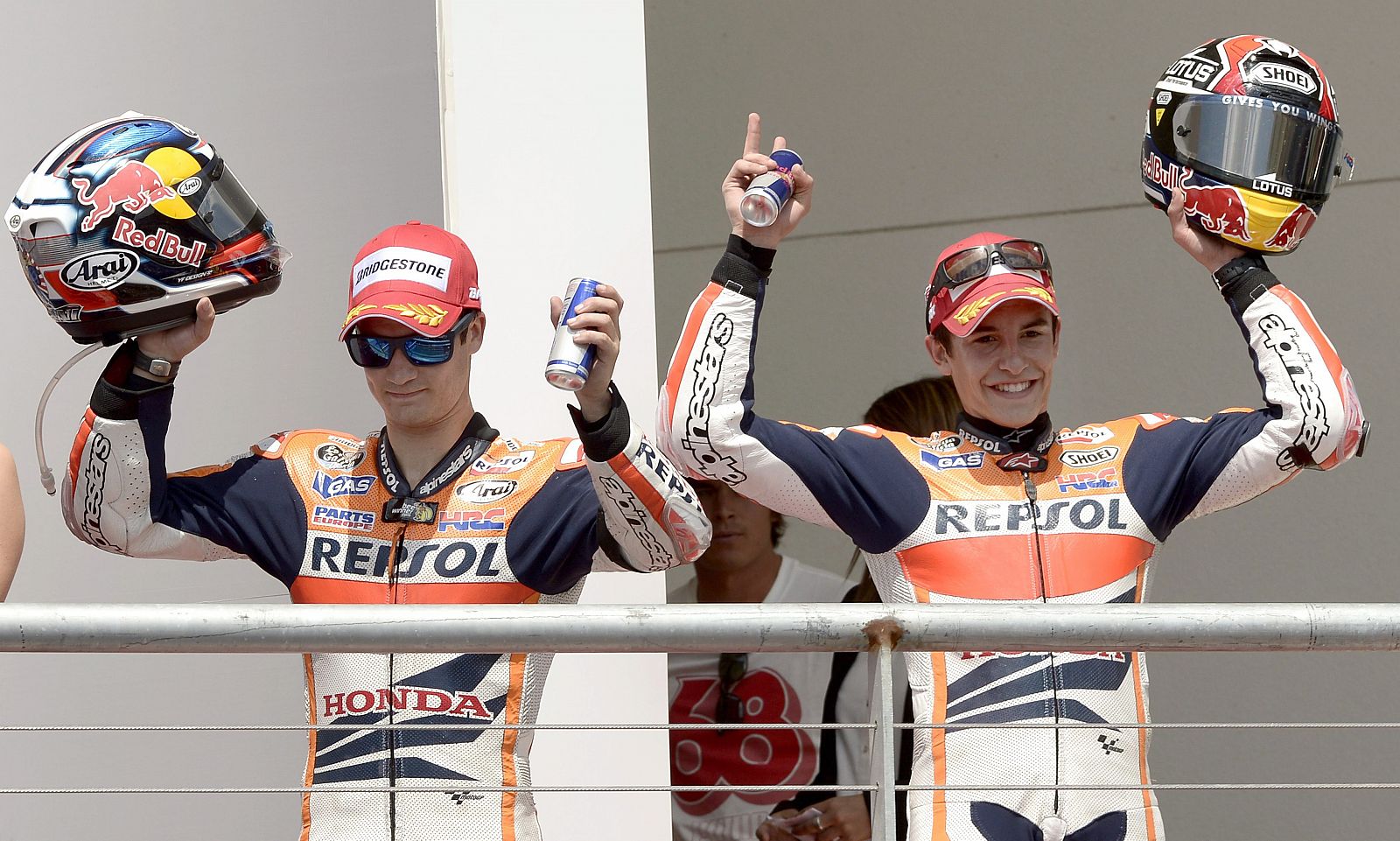 Dani Pedrosa (i) y Marc Márquez en el podium del Gran Premio de EE.UU.