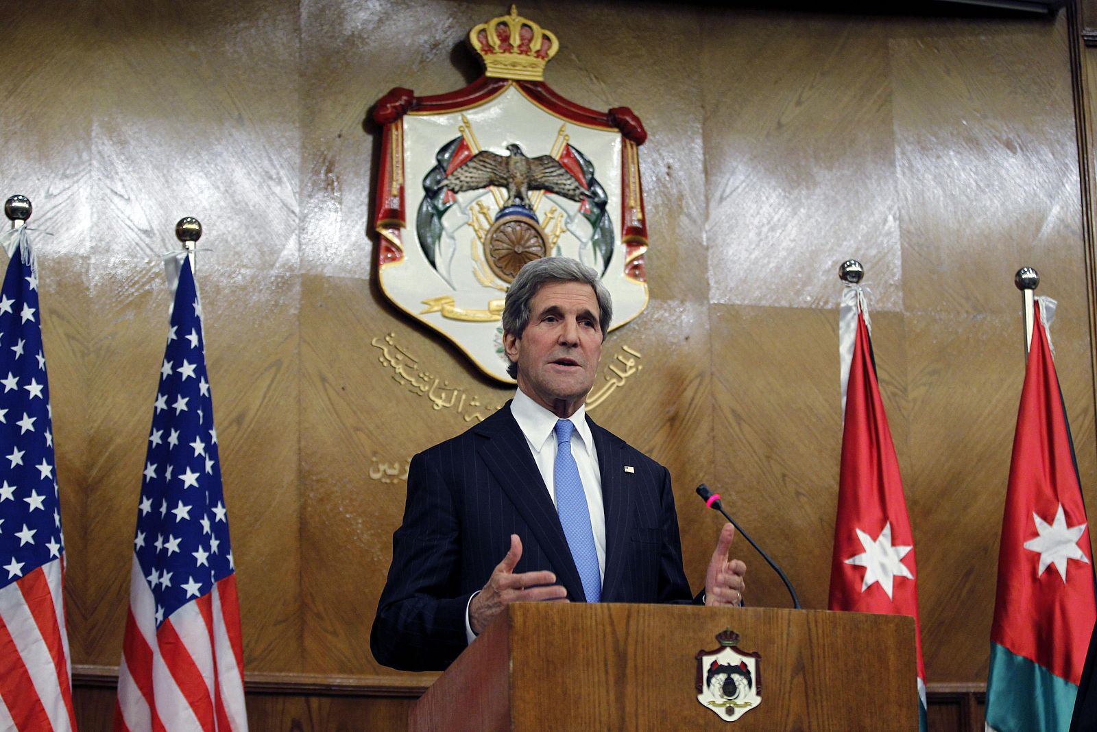 U.S. Secretary of State Kerry speaks during a joint news conference with Jordanian Foreign Minister Judeh in Amman